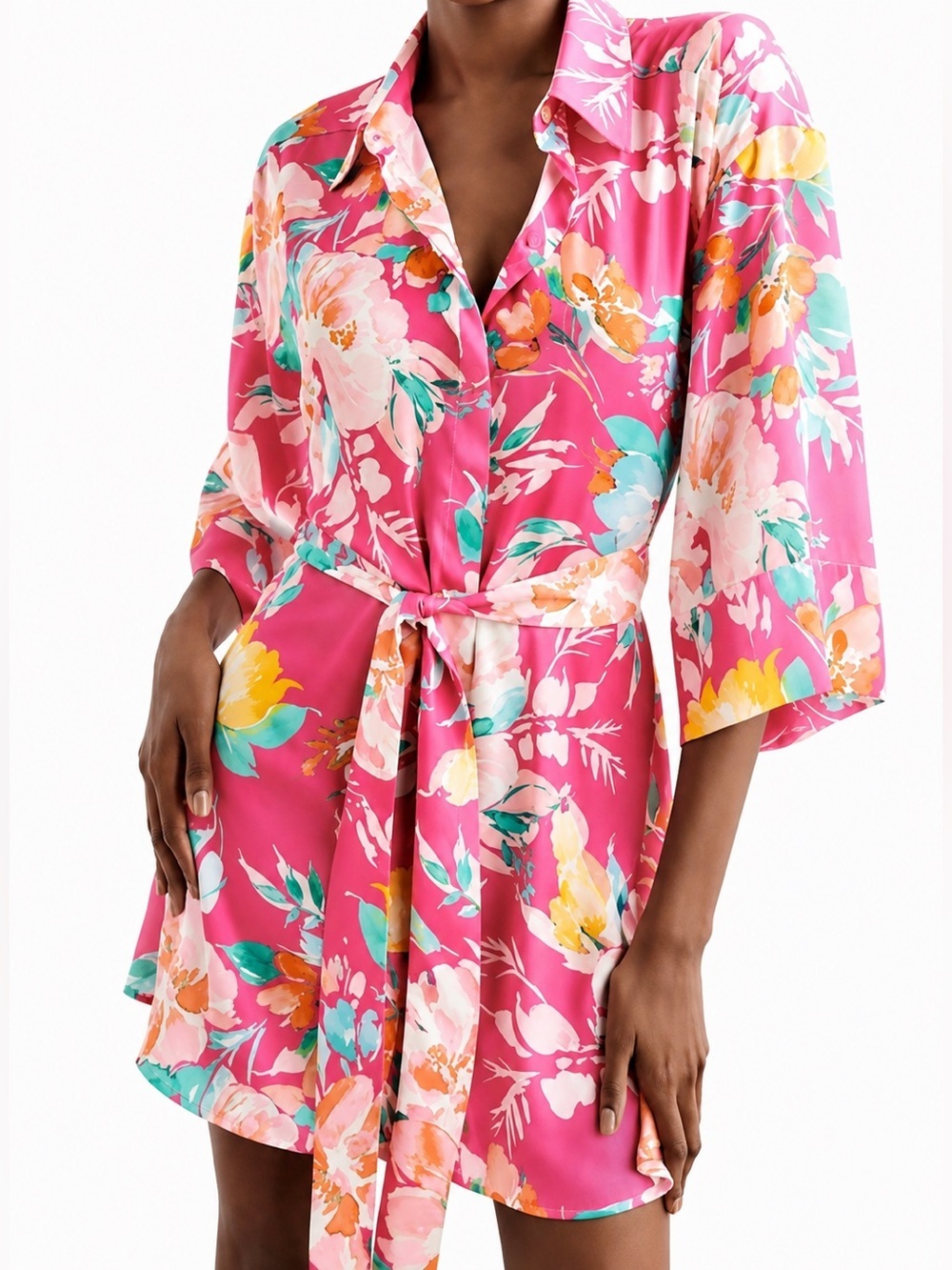 Zara button front pink floral satin mini dress, medium